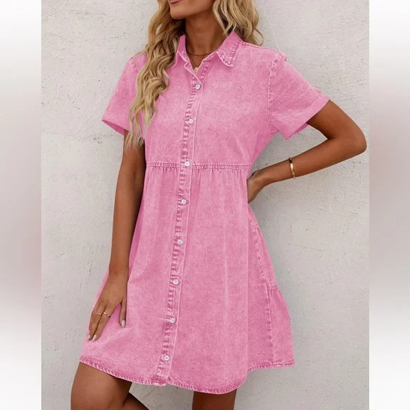 Pink Denim Button-Up Casual Dress Size L Collared Babydoll - Picture 1 of 8